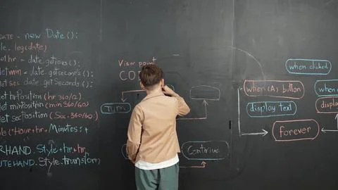 Back view of smart boy writing engineering prompt on blackboard. Erudition. Stock-Fotos