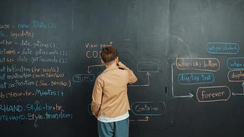 Back view of smart boy writing engineering prompt on blackboard. Erudition. 写真素材