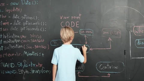 Back view of smart student writing engineering prompt on blackboard. Erudition. Vídeo Stock 264513323