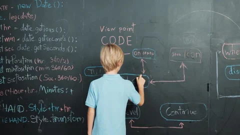 Back view of smart student writing engineering prompt on blackboard. Erudition. Vídeo Stock 267921793