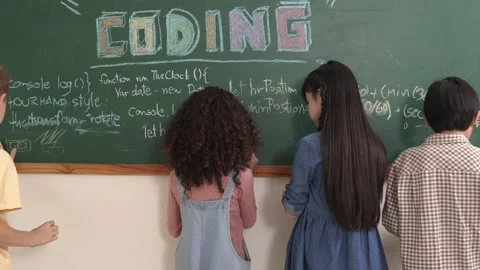 Back view of smart student writing coding engineering prompt at board. Pedagogy. Stock Footage 274331427