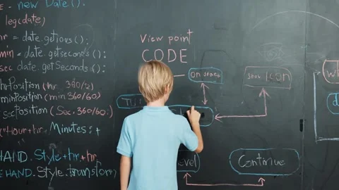 Back view of smart student writing engineering prompt on blackboard. Erudition. Vídeo Stock 277217791
