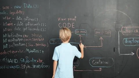 Back view of smart student writing engineering prompt on blackboard. Erudition. Foto stock