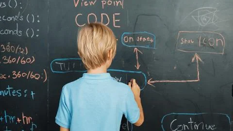 Back view of smart student writing engineering prompt on blackboard. Erudition. 库存照片