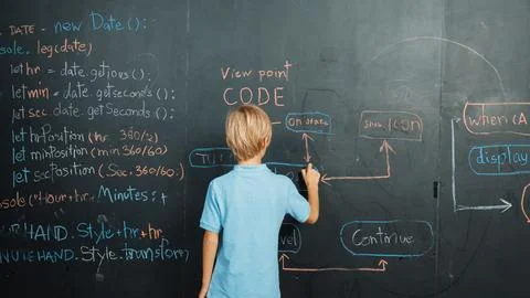 Back view of smart student writing engineering prompt on blackboard. Erudition. Stock-Fotos