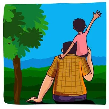 Back View Son Sitting on His Father Shoulder in Front of Greenery Garden, H.. Stockillustratie