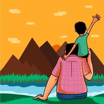 Back View Son Sitting on His Father Shoulder in Front of Beautiful Sunrise .. Stockillustratie