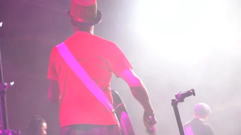 Back view of a standing drummer banging a drum on stage during a concert Stock-Footage 148222542