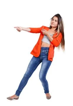 Back view of standing girl pulling a rope from top or cling to s Stock Photos