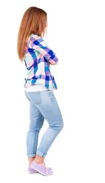 Back view of standing young beautiful redhead woman Stock-Fotos