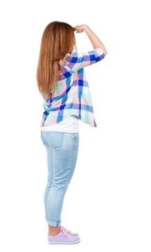 Back view of standing young beautiful redhead woman 스톡 사진
