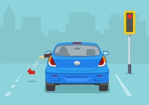 Back view of stopped car at traffic light. Driver throws out a used plastic cup. Stock Illustration