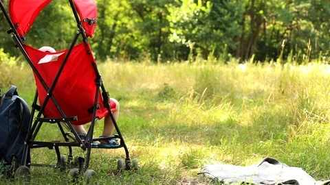 Back view of stylish red stroller with sleeping little baby boy in sunny forest 스톡 동영상 113687240