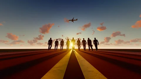 The back view of the team elite walking towards the bright road against the  Stock Footage 280724308