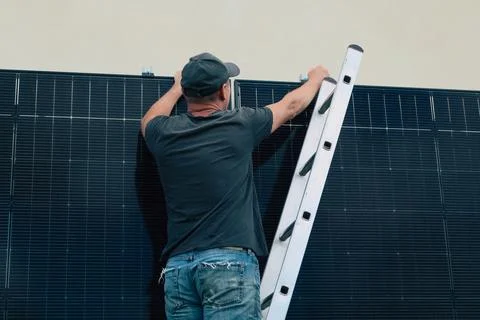 A back view of a technician using a ratchet wrench to fasten fasteners on sol Stock Photos