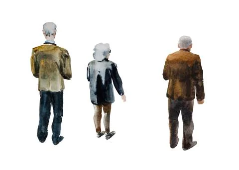 Back view on the three elder men and woman in classic and casual dresses Orig Stock Illustration