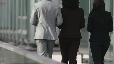 Back view of three people wearing suits strolling near building Video stock 114962159