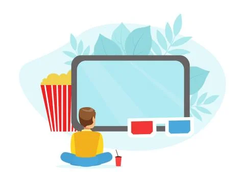 Back View of Tiny Boy Sitting on Floor and Watching Movie on Huge Screen Cartoon 스톡 일러스트