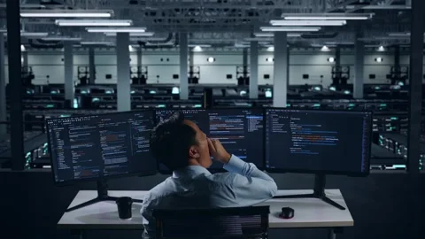 Back View Of Tired Man Developer Yawning While Write Code In Data Center Stock Footage 270226937