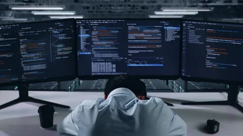 Back View Of Tired Man Developer Sleeping While Write Code In Data Center Stock Footage 270227623