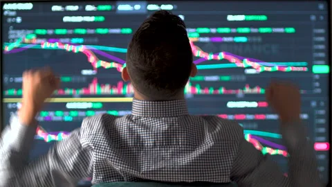 Back view of Trader celebrating successful day at the stock market Stock Footage 198895819