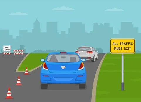 Back view of a traffic flow exiting the expressway. "All traffic must exit" sign Stock Illustration