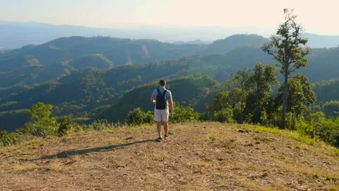 Back view of traveler backpacker man walking on hill with green mountain valley Stock Footage 195874412