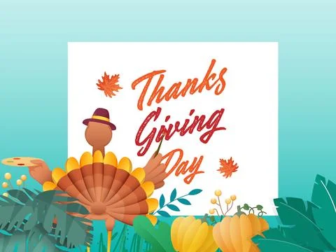 Back View of Turkey Bird Writing Happy Thanksgiving Day Text by Bush on Whi.. Stock Illustration