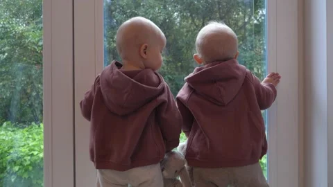 Back view of twin babies looking through the window. Both in matching outfits Stock Footage 157056278