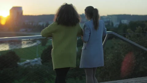 Back view of two close friends watching cityscape at sunset on rooftop Stock Footage 133155924