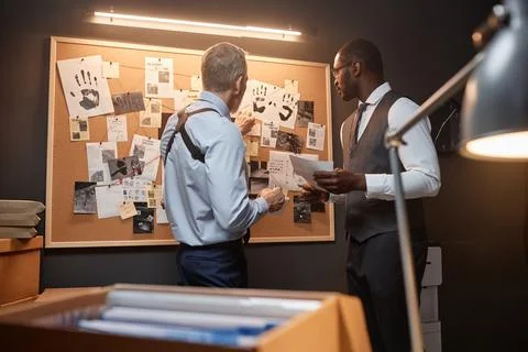 Back view of two detectives discussing case standing by evidence board Stockfoto's