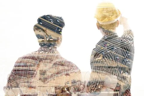 Back view two engineer discussing project Stock Photos