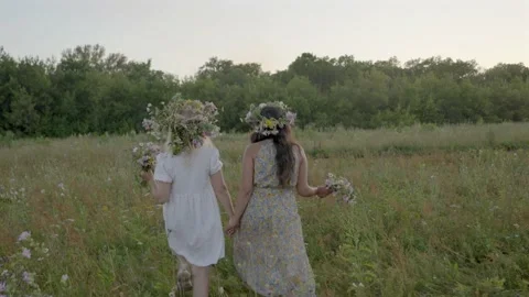 Back view at two girls walking in field holding hands at sunset outdoors Video stock 205440261