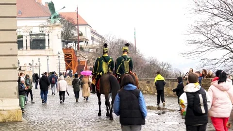 Back view of  two Hungarian soldiers in historical costume Stock Footage 307204827