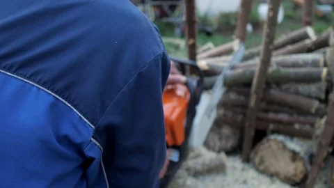 Back view of unknown man logger sawing trees with chainsaw in the forest Stock Footage 109798161