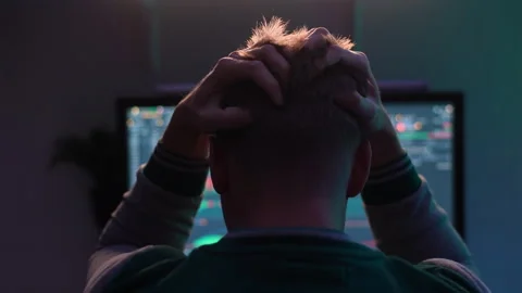 Back view of unrecognizable anxious male stock trader tearing out hair from 스톡 동영상 247922393