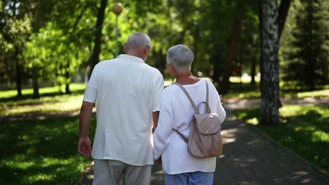 Back view of unrecognizable senior couple leisurely walking through sunny park Stock Footage 287346652