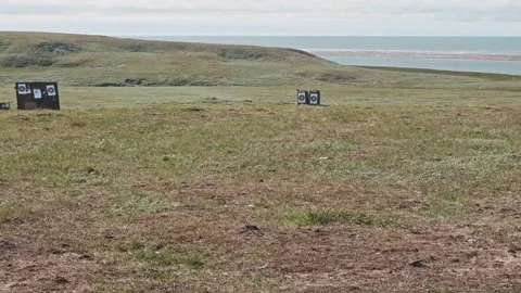 Back view of unrecognizable shooter shooting into target. Gun calibrating before Stock Footage 165902398