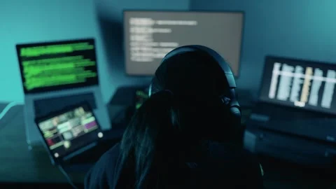 Back view of woman hacker hacking database computer. Woman developer programmer. Video stock 255199041