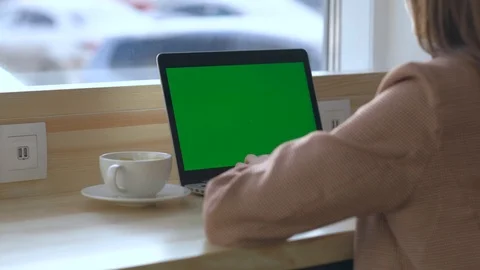 Back view - woman sitting at table drinking coffee and looking at laptop. Video stock 120348382
