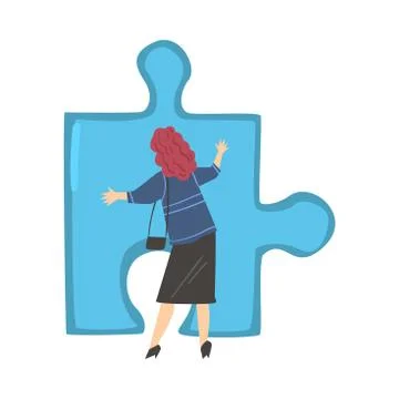 Back View of Woman Solving Jigsaw Puzzle, Businesswoman Trying to Connect Blue Stock Illustration