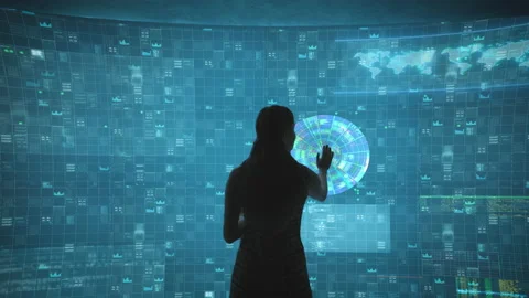 Back view of woman standing at large modern touch screen and reading information Stock Footage 200849023