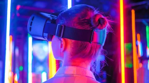 Back view: woman using virtual reality headset at interactive VR exhibition Foto stock