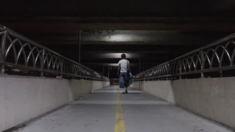 Back View of Woman Walking into Depth of Night Footbridge Stock Footage 337534351