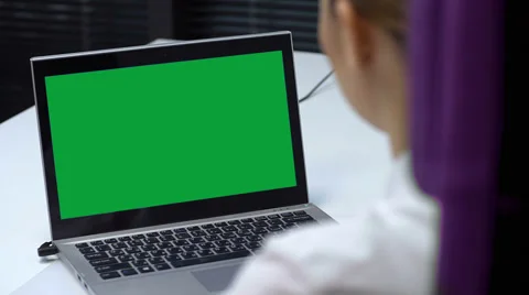 Back View Women Using Laptop Green Screen Stock-Footage 64690256