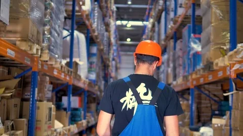 A back view on a worker looking up warehouse racks. Vidéo 80917319