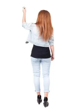 Back view of writing beautiful redhead woman Stock Photos