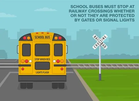 Back view of a yellow school bus stopped at level crossing. Stock Illustration