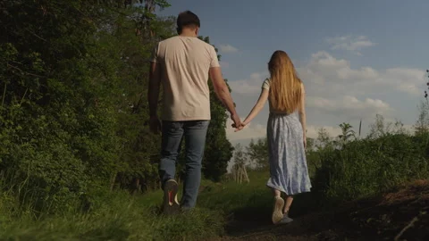 Back view of a young beautiful couple in love walking in a green field in the Stock Footage 253560545