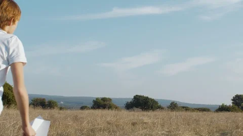 Back view of young boy flying paper airplane in summer field Stock Footage 129423021